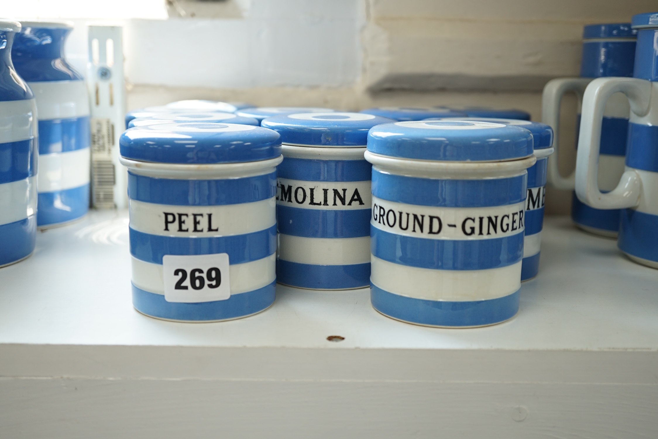 T.G.Green Cornish Kitchenware, eleven 9cm lidded storage jars to include Bi.Carb. Soda (2), Semolina, Ground-Ginger, Parsley, Pepper and Peel, Black Shield marks. Condition - fair to good